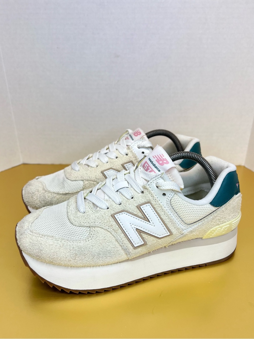 New Balance 574+ Plus Womens Sz 10 WL574ZKB Turtledove/Vintage Teal/Cream VGUC